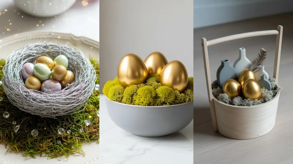 Tre cestini pasquali creativi con muschio, ovetti dorati e ceramiche in diverse composizioni eleganti.