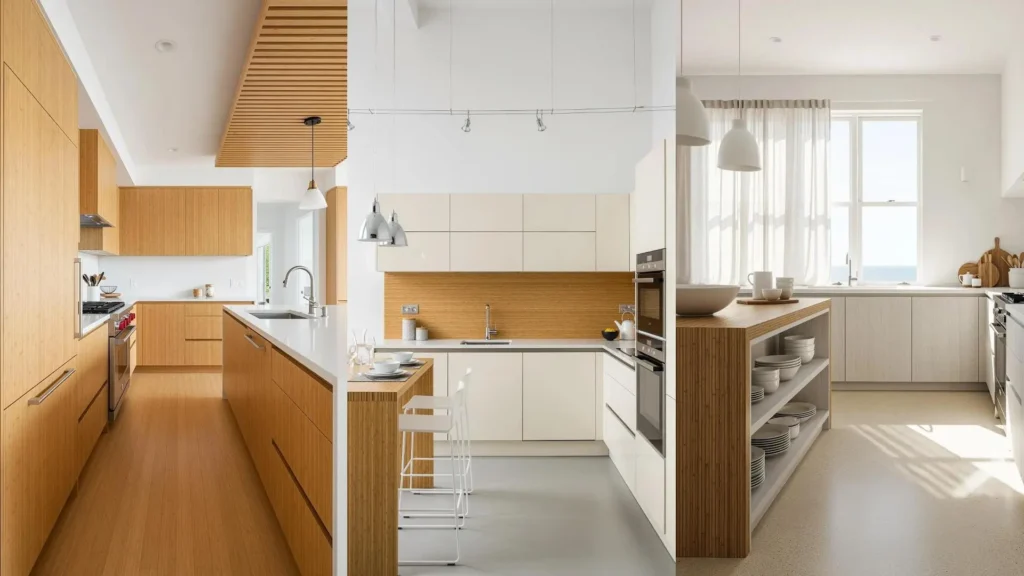 Cucine zen con linee essenziali, palette neutra e dettagli in bambù, per un ambiente sereno e moderno.