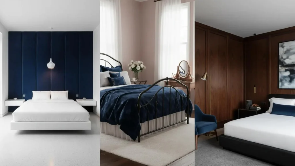 Idee di arredamento per una camera da letto sofisticata con dettagli in velluto blu notte su testiere, coperte e cuscini.