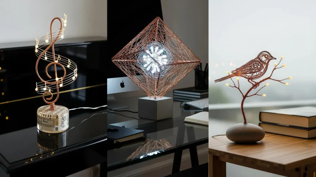 Sculture luminose da scrivania in fili di rame intrecciati: chiave di violino, forma geometrica e uccellino illuminati.