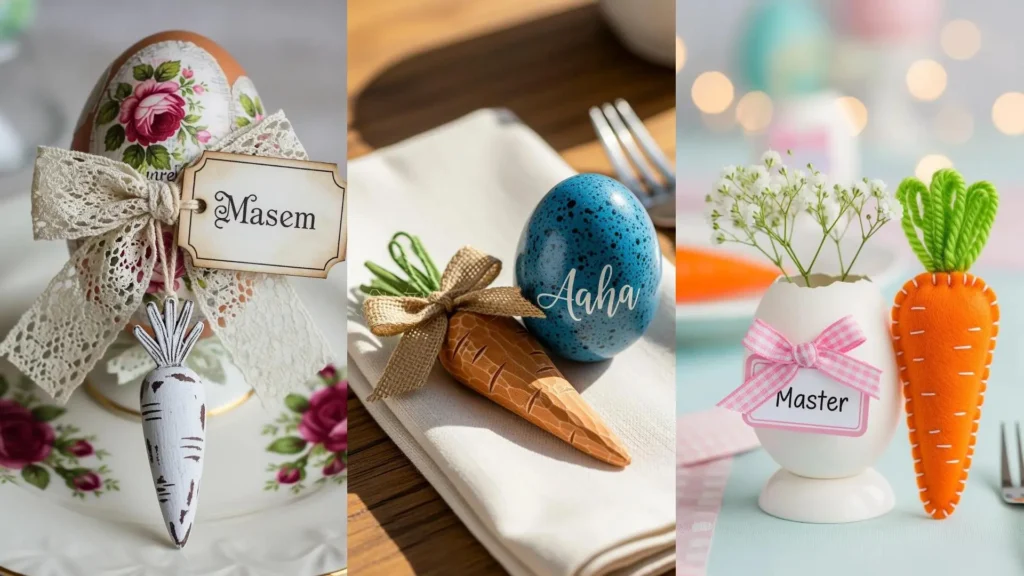 Segnaposto Pasquali divertenti con uova personalizzate, fiocchi e carotine. Idee creative per la tua tavola di Pasqua.
