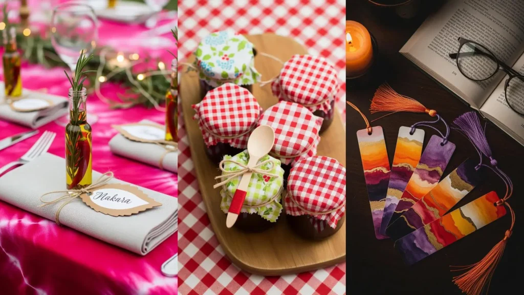 Immagine di festa in terrazza con tovaglie colorate, piccoli regali fai da te come barattoli decorati e segnaposto unici.