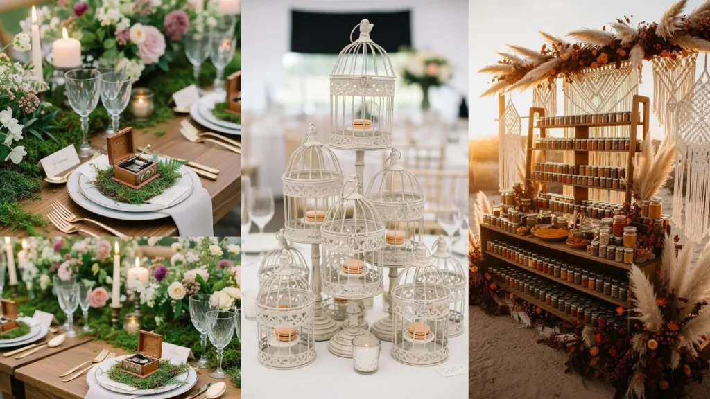 Bomboniere nuziali integrate nella scenografia: eleganti scatoline, gabbie con macarons e barattoli di spezie come decorazioni uniche.