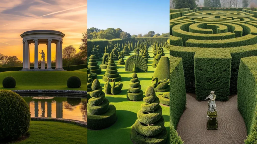 Giardini classici con statue, siepi lavorate a topiarie e fontane, che richiamano un'eleganza senza tempo.