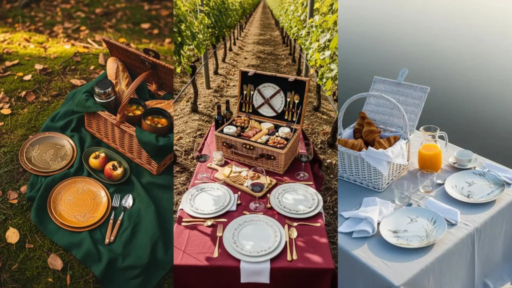 Raffinati picnic con tovaglie in lino, cestini di vimini e piatti decorati in contesti idilliaci, perfetti per un'esperienza chic.