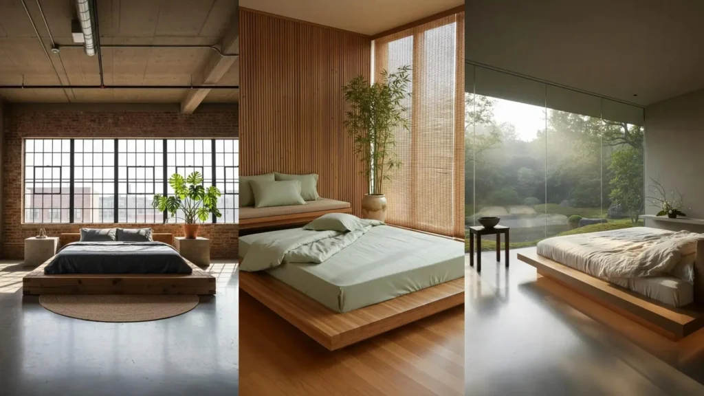 Ispirazioni zen per la camera da letto: collage di design con letti bassi, linee essenziali e materiali naturali.