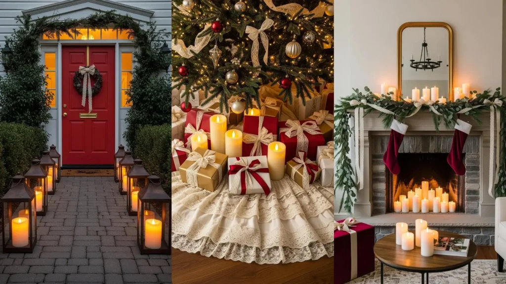 Natale romantico con candele accese, pizzo delicato e tocchi rossi vibranti, con porta addobbata, albero e camino.