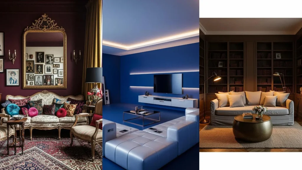 Salotti moderni con pareti scure, divani chiari e dettagli metallici raffinati per un design elegante.