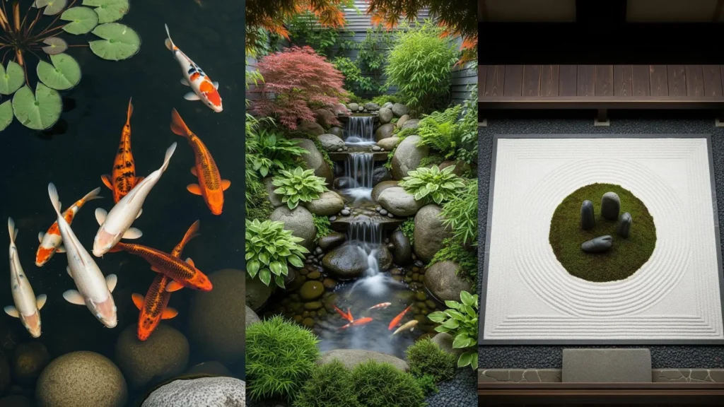 Meraviglioso rifugio zen con laghetti di koi, cascate, pietre levigate e un giardino di sabbia rastrellata.