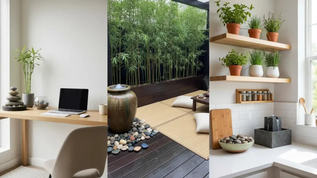 Spazi zen con bambù rigoglioso, fontane decorative e pietre levigate che creano un'atmosfera serena e rilassante.