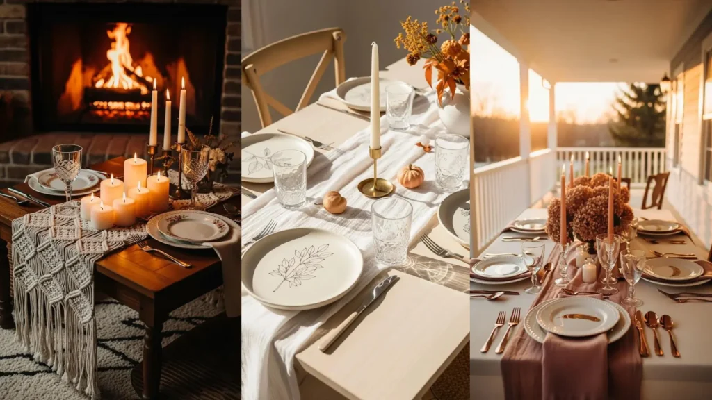 Tavole boho chic autunnali con colori caldi, piatti decorati e candele accese, creando un'atmosfera calda e invitante.