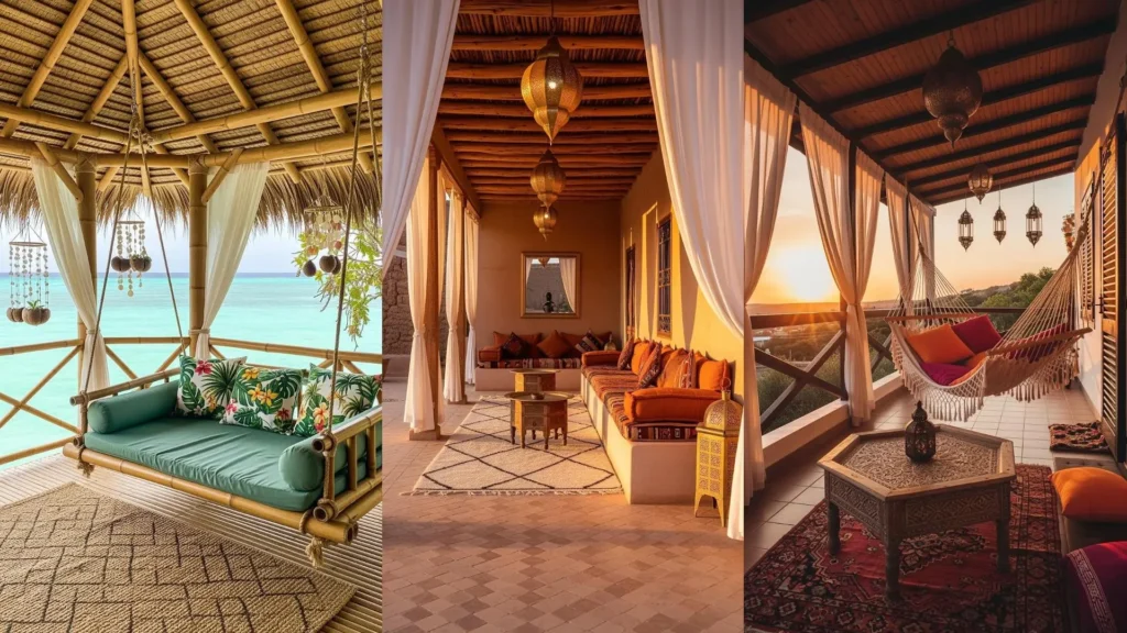 Verande bohemien chic con tende bianche, tappeti marocchini e cuscini oversize, perfette per un ingresso accogliente e stiloso.