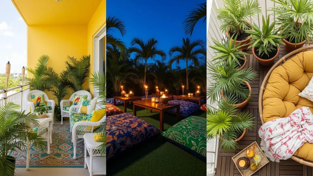 Balconi tropicali con palme in vaso, candele tiki accese e tessuti esotici. Scene suggestive per un angolo rilassante.