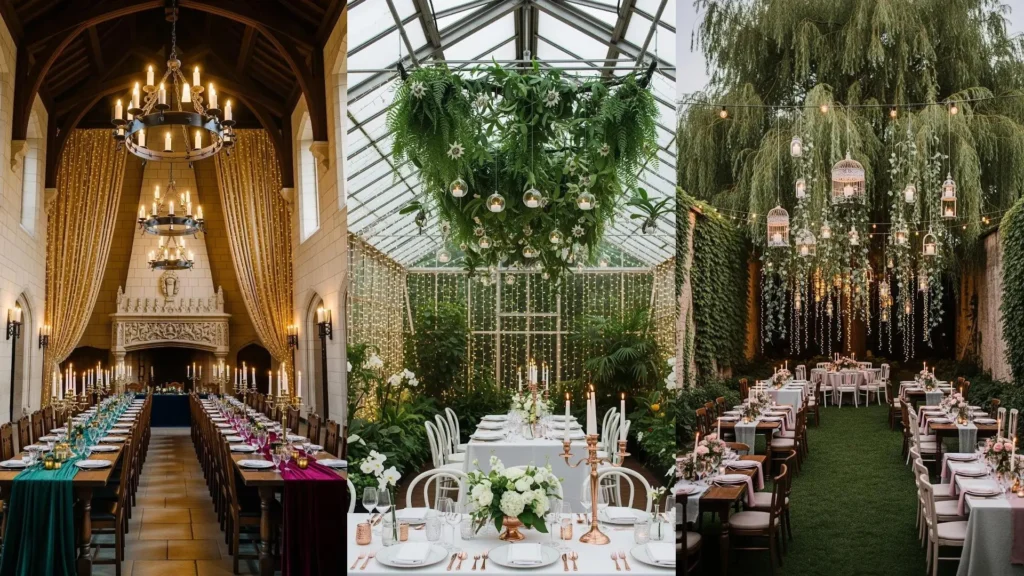 Atmosfere da sogno con incantevoli tende di fairy lights e candele sospese in tre eleganti scenari nuziali.