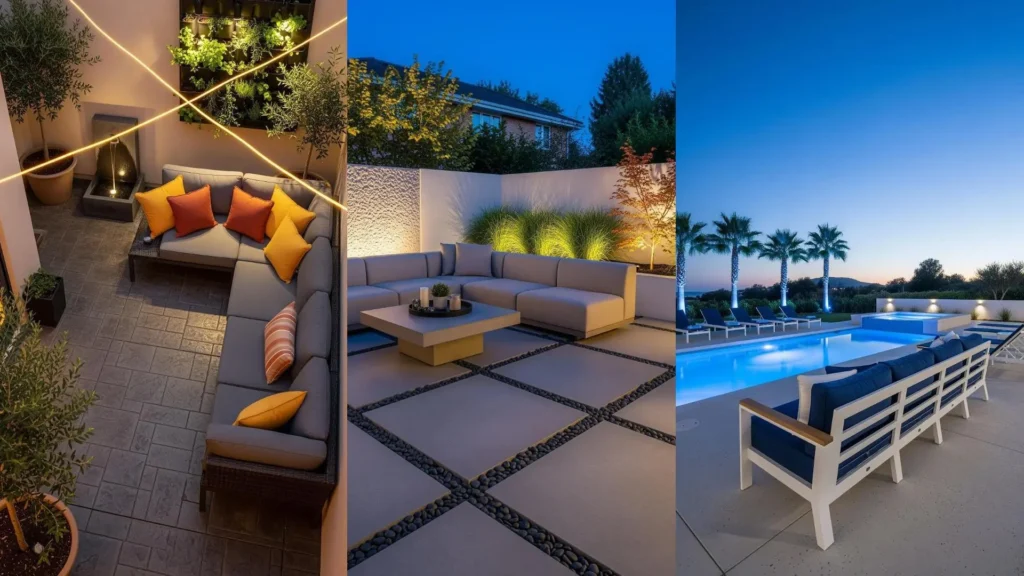 Spazi outdoor contemporanei con pavimenti in cemento, luci a LED e divani confortevoli per un'atmosfera moderna e accogliente.