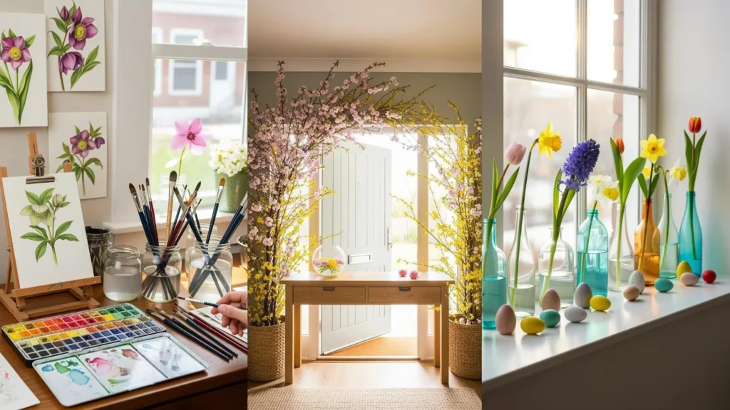 Fiori freschi di primavera: tulipani, giacinti e narcisi in vasi pastello, con dipinti floreali e decorazioni vivaci.