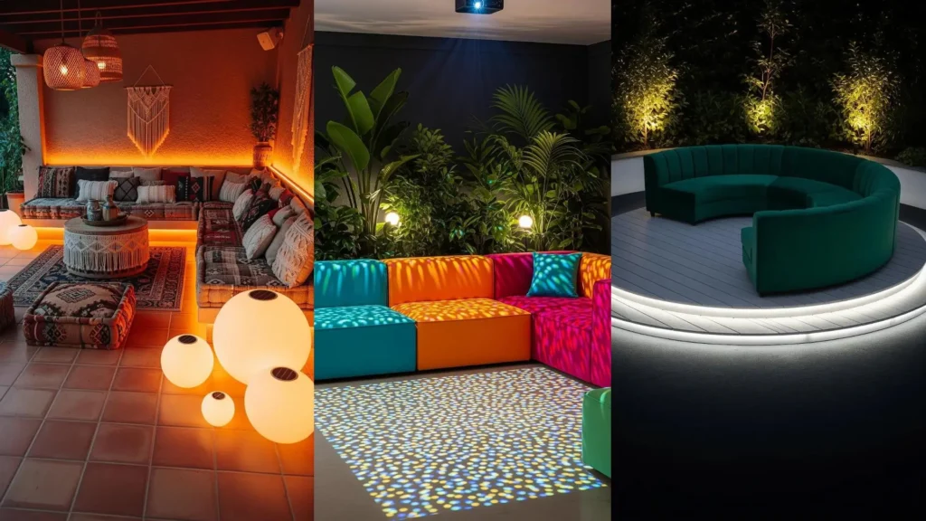 Tre moderni set-up esterni con divani modulari, pavimenti illuminati da LED nascosti e luci d'atmosfera.