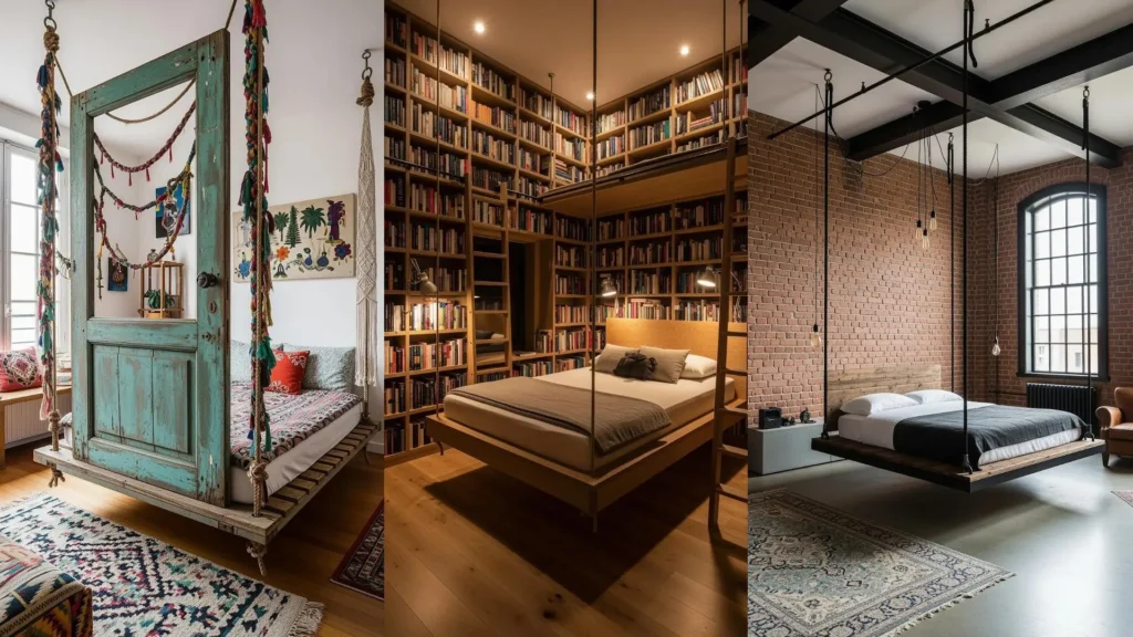 Tre soluzioni eccentriche con letti sospesi, sostenuti da corde decorative, in stili boho, moderno e industriale.