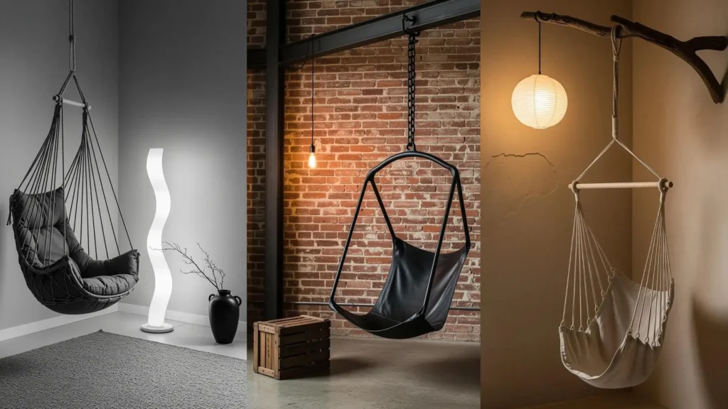 Tre poltrone appese in angoli accoglienti, con corde decorative e luci soffuse per un relax sospeso.