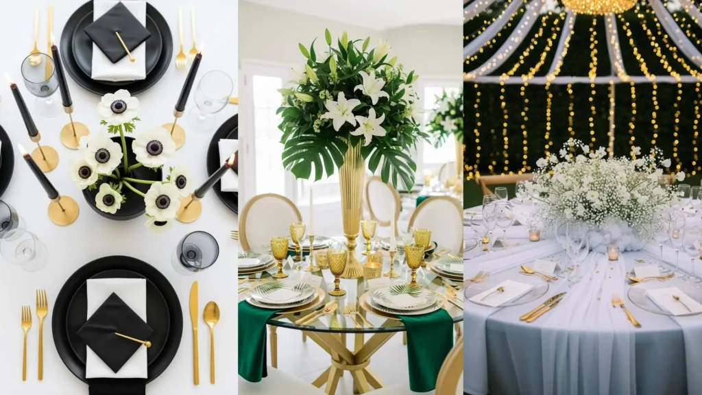 Eleganti tavole per festa di laurea con tovaglie bianche, dettagli dorati e fiori freschi.