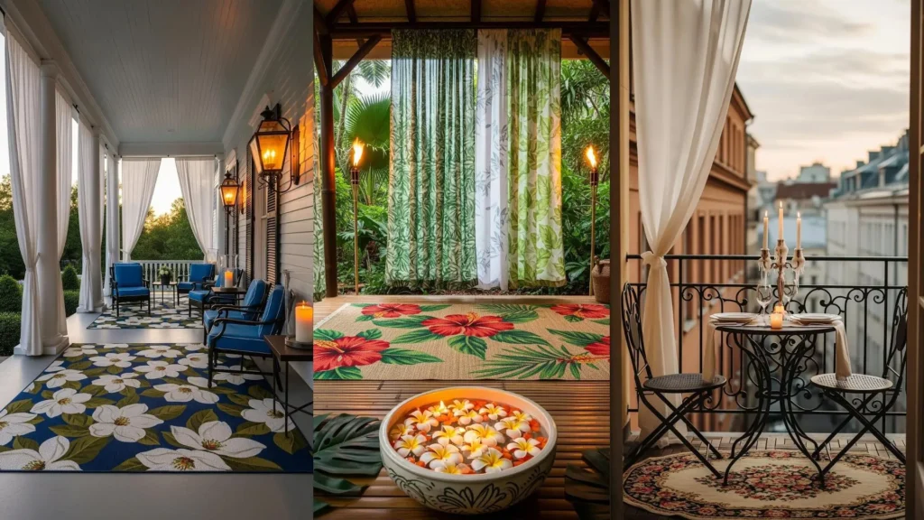 Verande romantiche al calar del sole con tappeti floreali, tende leggere e candele profumate. Atmosfera serale.