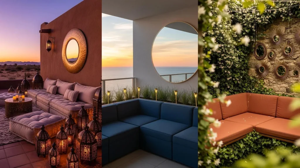 Vista di tre spazi esterni glamour con divani modulari, specchi decorativi e luci dorate al tramonto.