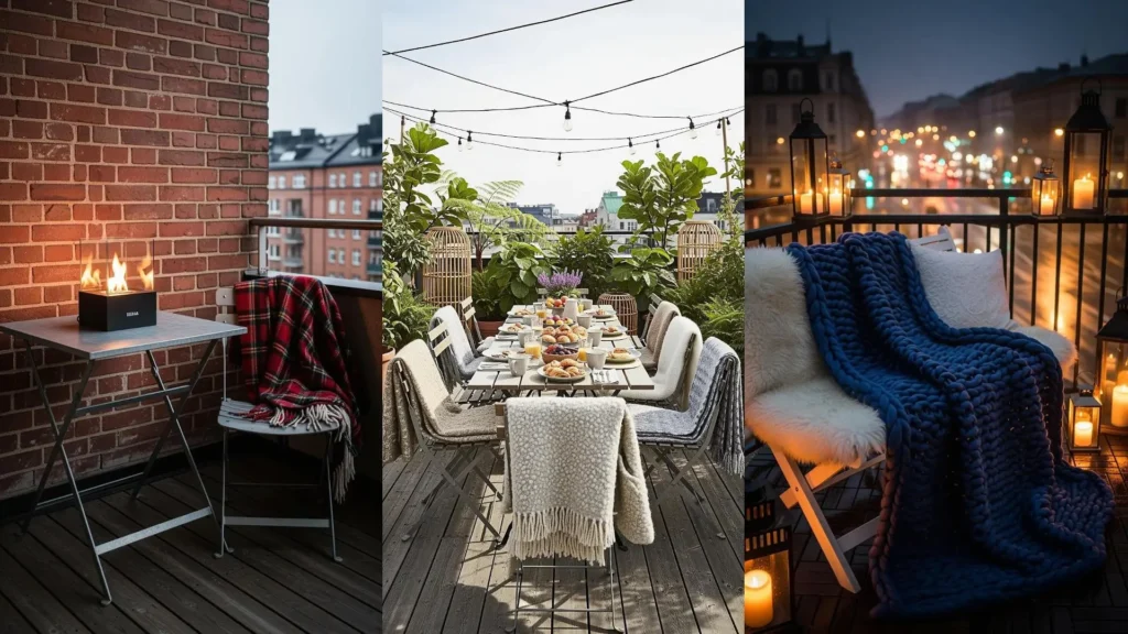 Tre balconi scandinavi con mobili pieghevoli, coperte di lana, piante e luci, creando spazi esterni accoglienti.