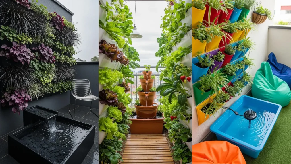 Giardini urbani in balcone: pareti verticali verdi e fiorite, mini laghi e fontane che creano rifugi rilassanti.