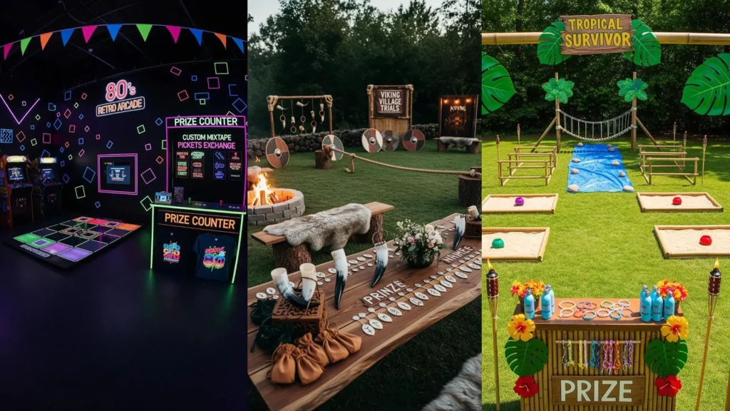 Setup spettacolari per giochi di gruppo: arcade anni '80, prove vichinghe, sfida tropicale, tutti con fantastici premi personalizzati.