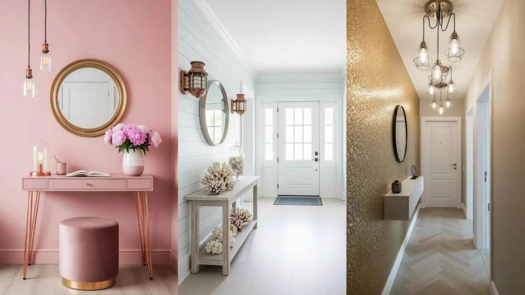 Ingressi moderni con eleganti riflessi metallici di rame e oro, accentuati da lampade in stile industriale.