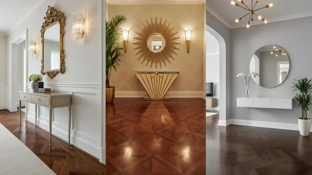 Tre eleganti ingressi con parquet scuro, consolle chiare, specchi decorati e lampade raffinate per un'accoglienza stilosa.