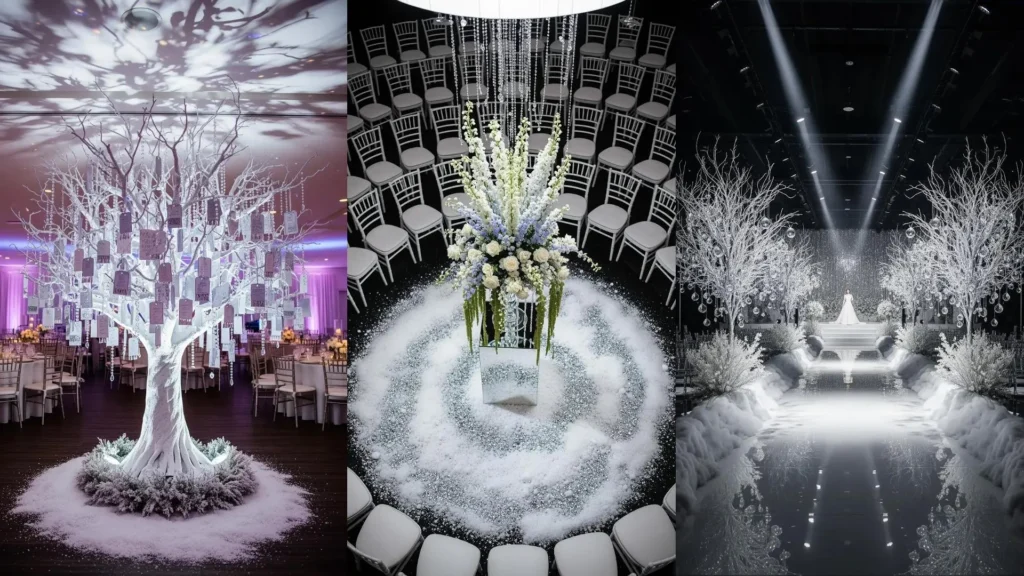 Decorazioni nuziali invernali con alberi bianchi, neve artificiale, cristalli scintillanti e riflessi ghiacciati, creando un'atmosfera magica.