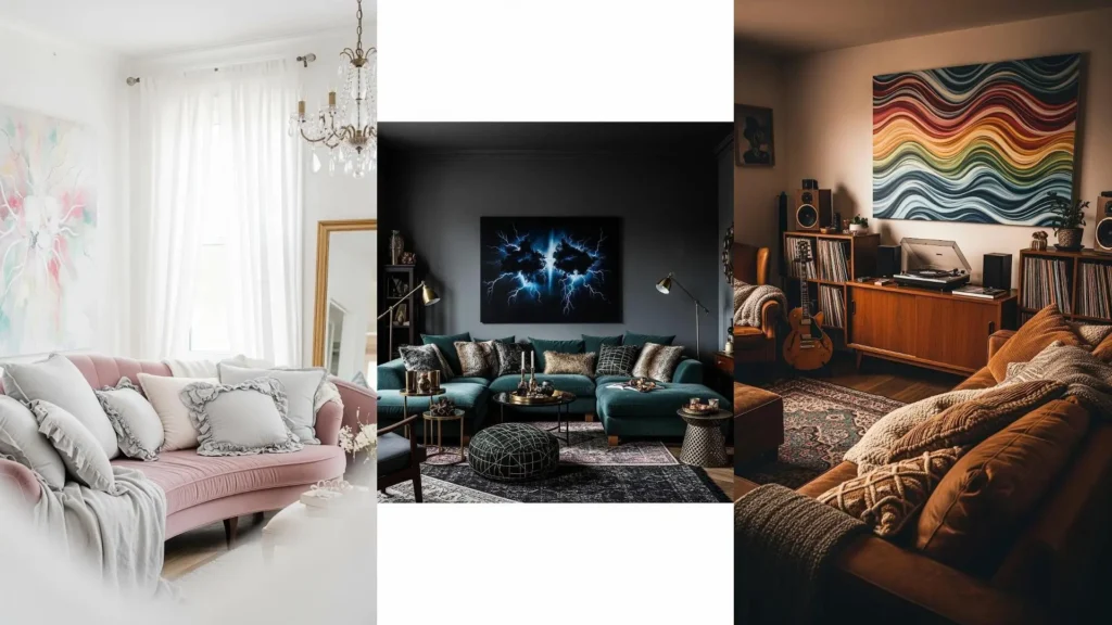 Tre salotti bohemien con mix di tessuti, cuscini oversize e tele astratte, ideali per ispirare il tuo arredamento unico.