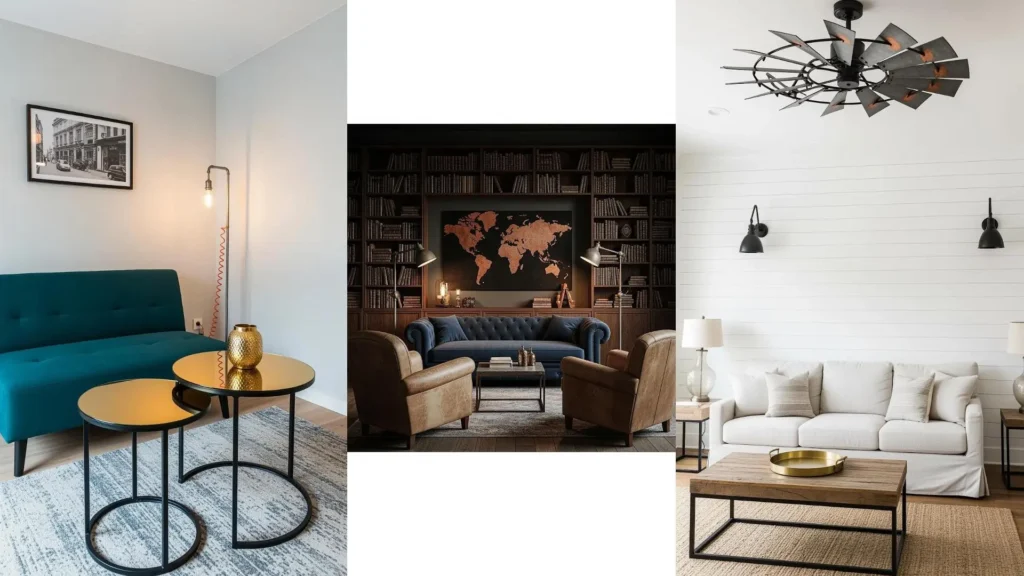 Vari salotti moderni con lampade dal sapore industriale e dettagli d'arredo con accenti metallici in oro e rame.