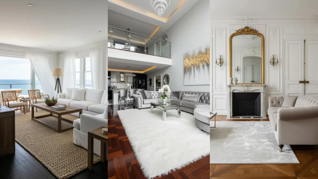 Eleganti soggiorni in contrasto: parquet scuro, tappeti chiari e divani neutri si incontrano per un design raffinato.