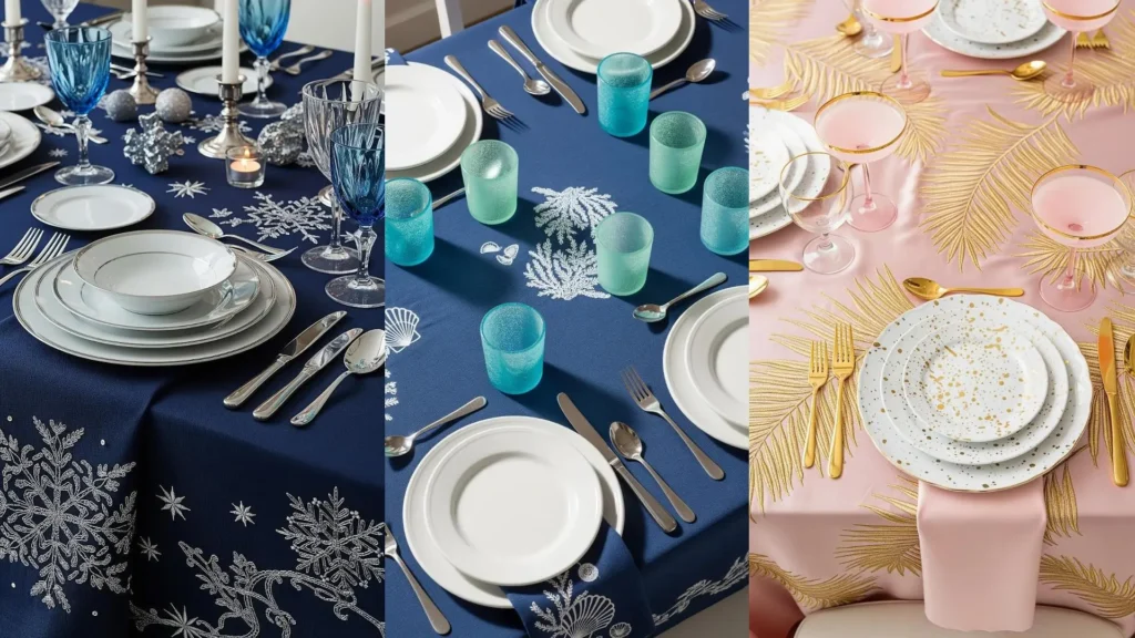 Tre tavole vintage apparecchiate con tovaglie ricamate, piatti retrò e bicchieri colorati. Ispirazioni di stile.