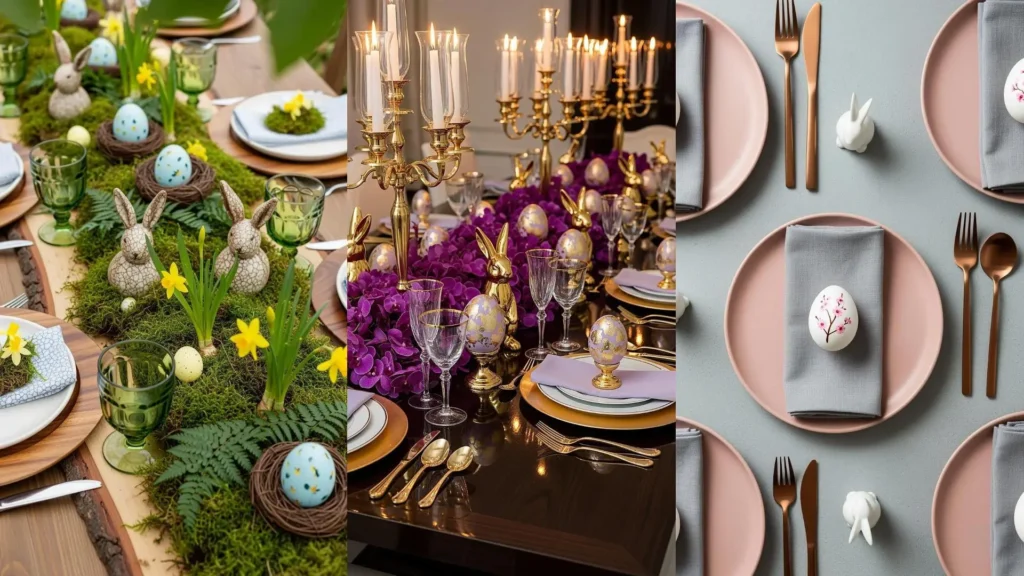 Composizione pasquale con tavole dai toni pastello, uova dipinte a mano, coniglietti in ceramica e fiori freschi.