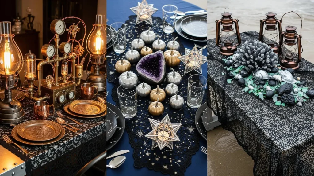 Allestimenti vintage di Halloween con tovaglie in pizzo nero, lanterne retro e decorazioni a tema per una tavola spettrale.