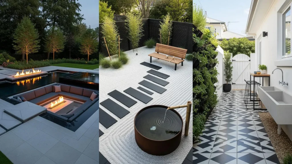 Suggestioni di giardini moderni: giochi d'acqua, pavimentazioni geometriche e arredi minimal chic per esterni di design.