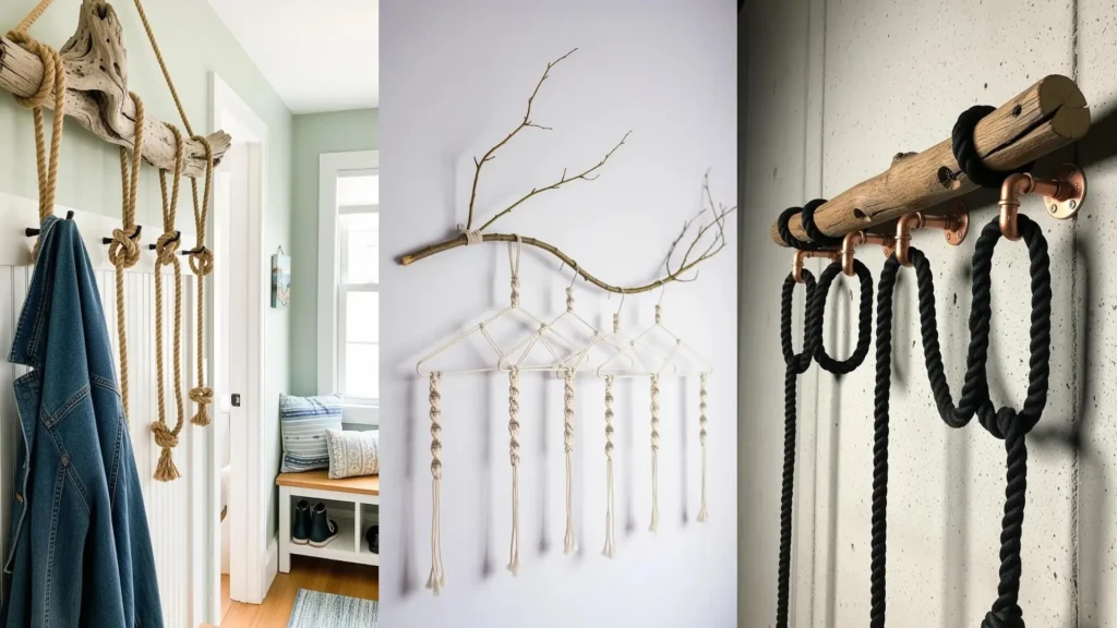 Tre appendiabiti da parete creativi fai da te con rami naturali e corde intrecciate, alcuni con giacche appese.