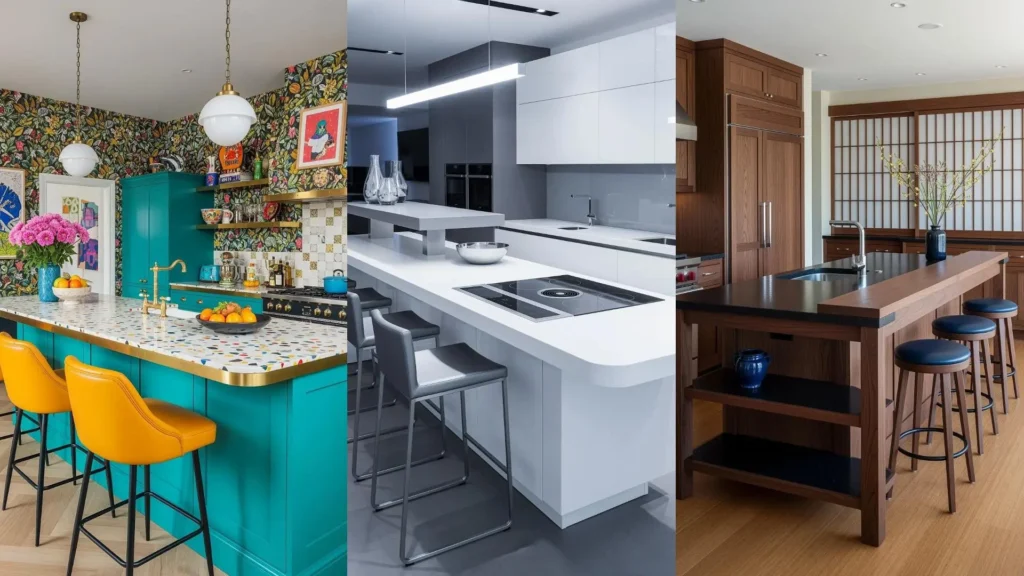 Tre cucine dinamiche: isola turchese con sgabelli in pelle arancioni, isola bianca a doppio livello e isola in legno.