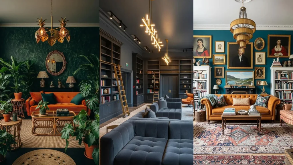 Living eleganti con pareti scure, lampadari dorati e divani in velluto profondo, che creano un ambiente sofisticato.