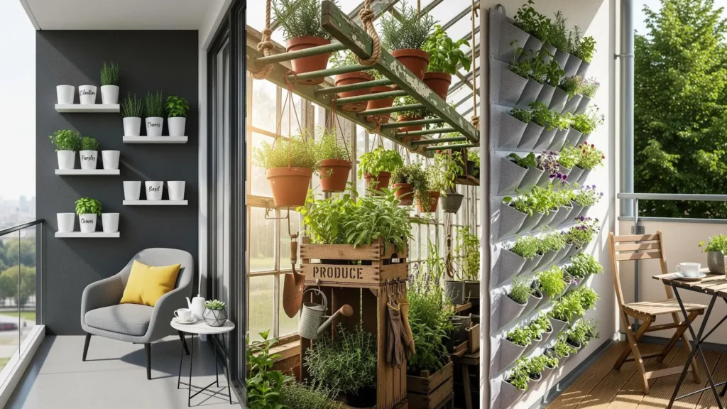 Tre balconi urbani con micro-giardini verticali e piante aromatiche in vasi e tasche, ideali per piccoli spazi.