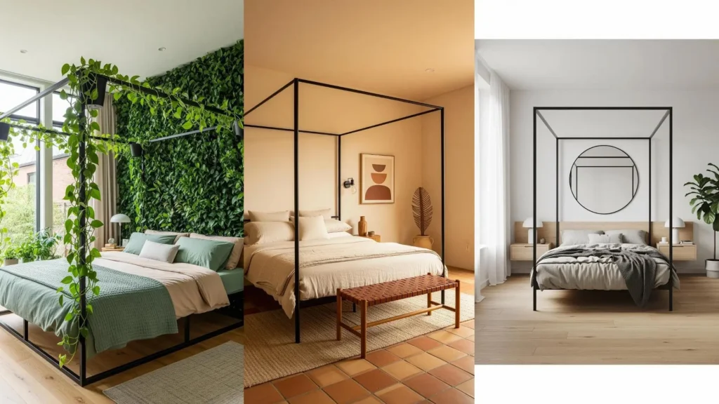 Modelli di moderni baldacchini in metallo nero per arredare la camera da letto in stili differenti.