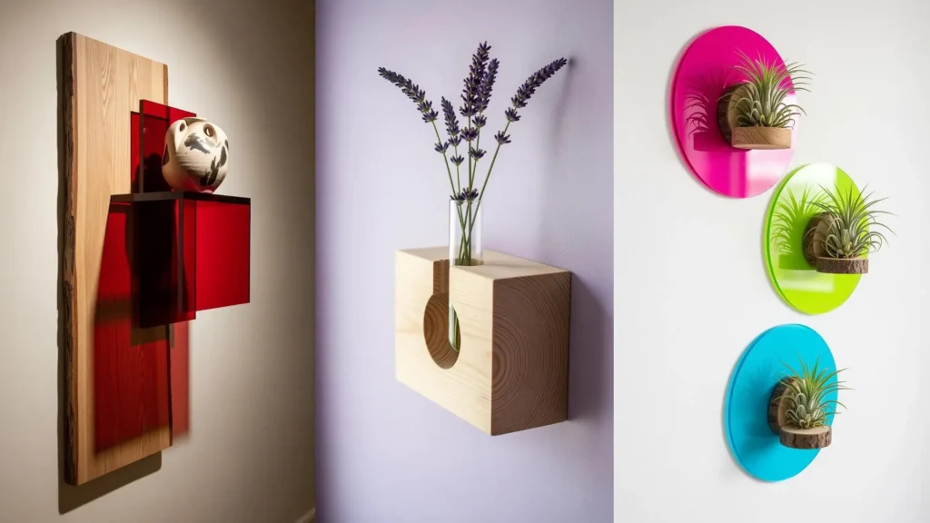 Piccole mensole fai da te in legno grezzo e acrilico colorato, perfette per decorare con stile vasi e piante.