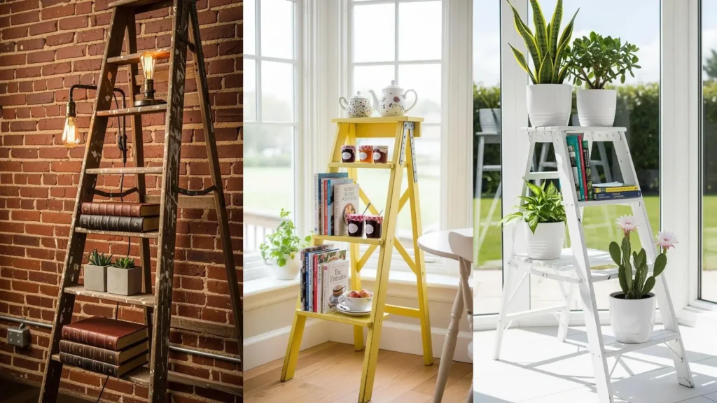 Diverse vecchie scale di legno trasformate in librerie minimaliste, esibendo libri, piante e lampade in ambienti accoglienti.