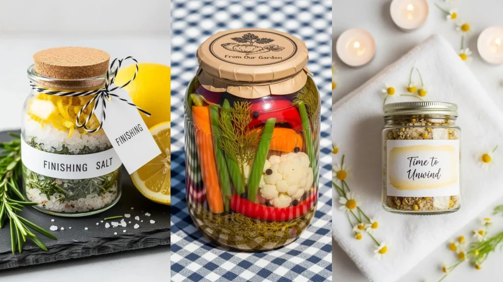 Tre barattoli di vetro decorati con etichette personalizzate, contenenti sali aromatizzati, verdure sottaceto e sali da bagno, perfetti come regali fai da te.