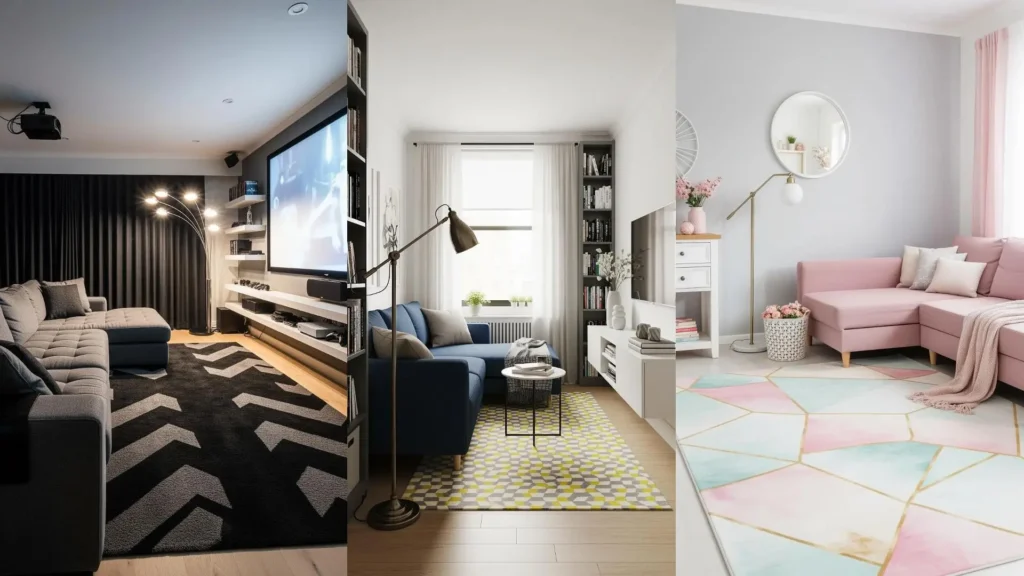 Tre salotti moderni con divani a L, tappeti geometrici e lampade da terra, ideali per ispirazioni di arredamento funzionale.