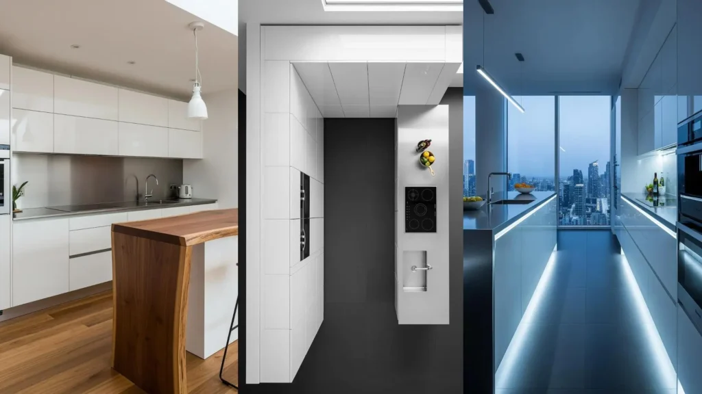 Cucina minimalista con mobili bianchi lucidi e finiture in acciaio inox, un design moderno ed elegante.