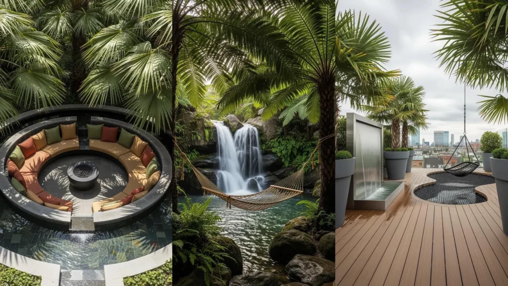 Giardino tropicale esotico con palme giganti, amache e cascate artificiali, creando un'atmosfera da sogno.